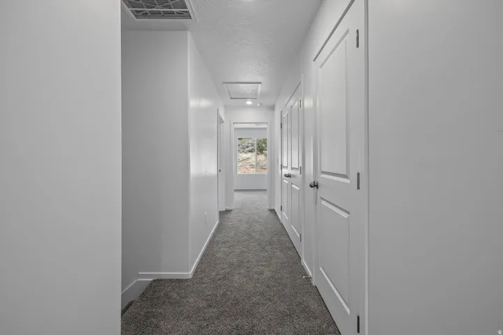 Carpeted hallway featuring multiple white paneled doors and ceiling-mounted lighting