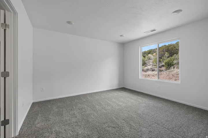 Spacious room featuring neutral carpeting, white walls, recessed ceiling lighting, and a window with a natural landscape