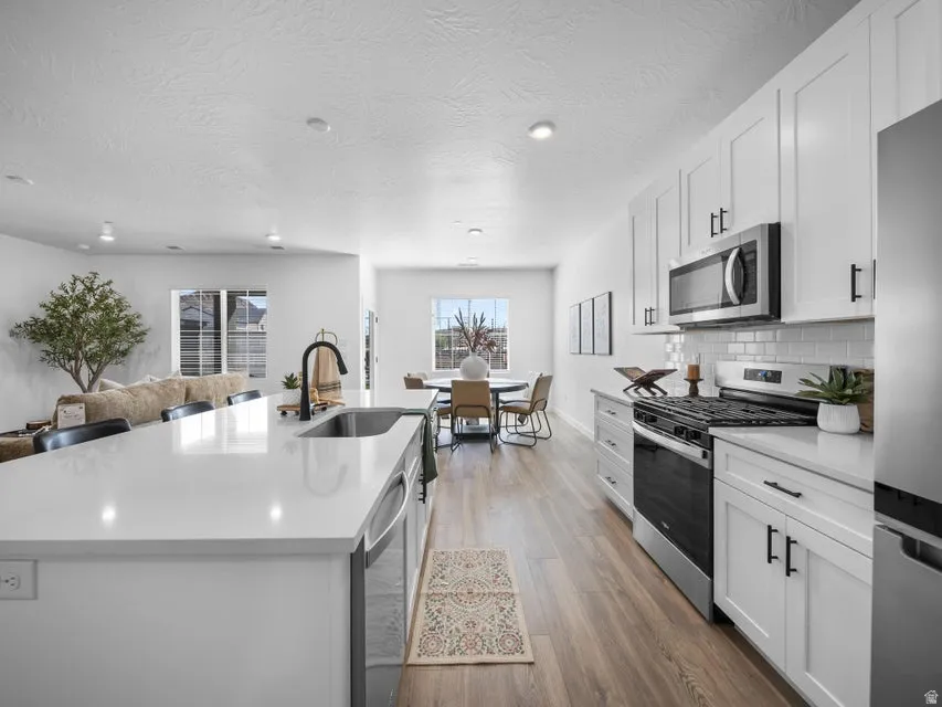 Spacious kitchen with white cabinetry, stainless steel appliances, a large island with an undermount sink, and wood-finish flooring