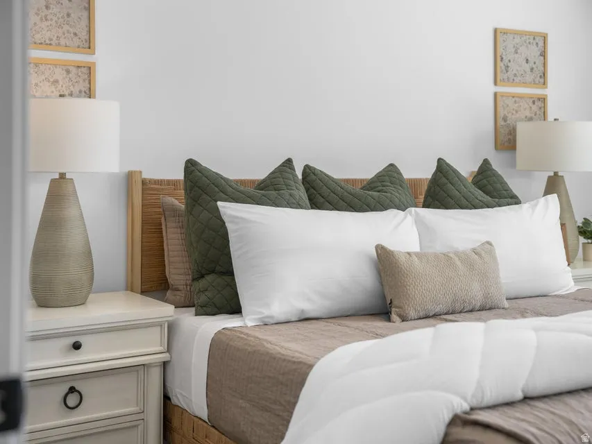 White painted walls, woven headboard, and built-in nightstands