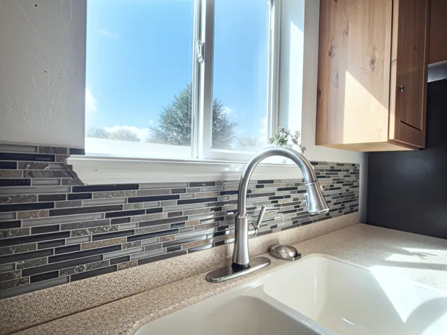 White double-basin sink with a gooseneck faucet, set into a speckled countertop