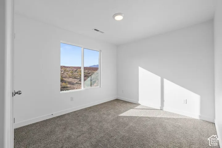Plush carpeting, bright white walls, flush-mount ceiling light, and a large window with desert landscape