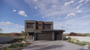 Modern two-story exterior featuring multi-tonal stucco siding, wood-toned vertical paneling, stacked stone accents, and a three-car garage