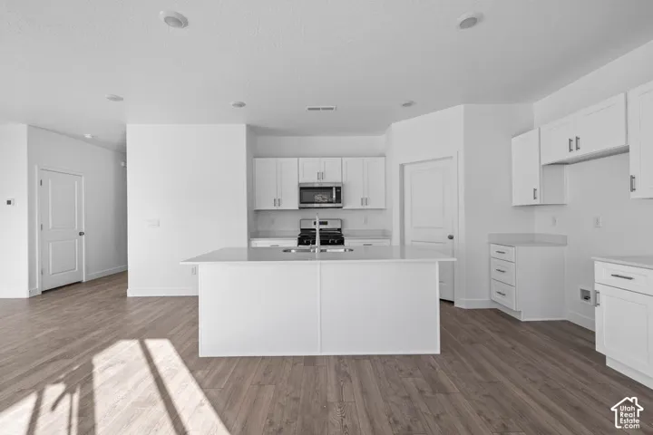 Kitchen featuring white cabinetry, stainless steel appliances, a center island with an integrated sink, light-toned countertops, and wood-finish flooring