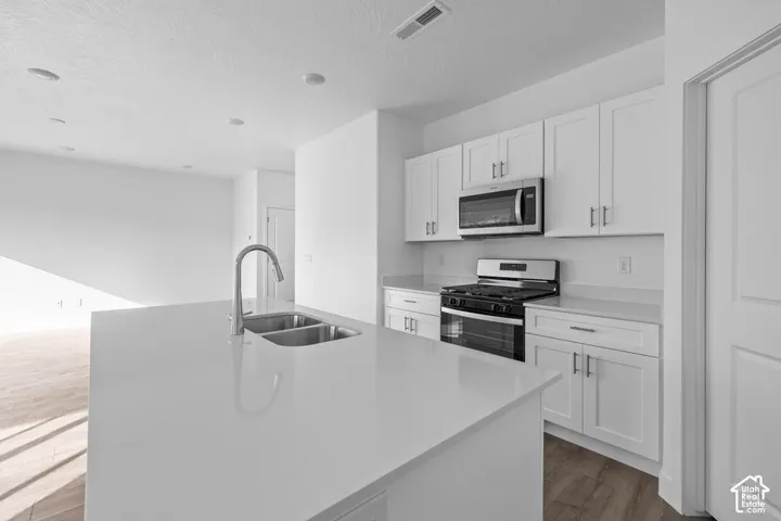 White kitchen cabinetry with stainless steel appliances, a center island with a double basin sink, and recessed lighting