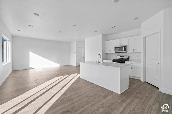 Open-concept living space featuring wood-finish flooring, recessed lighting, and a kitchen island with an integrated sink