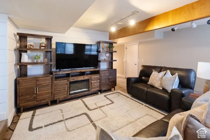 Accent wall with horizontal wood paneling