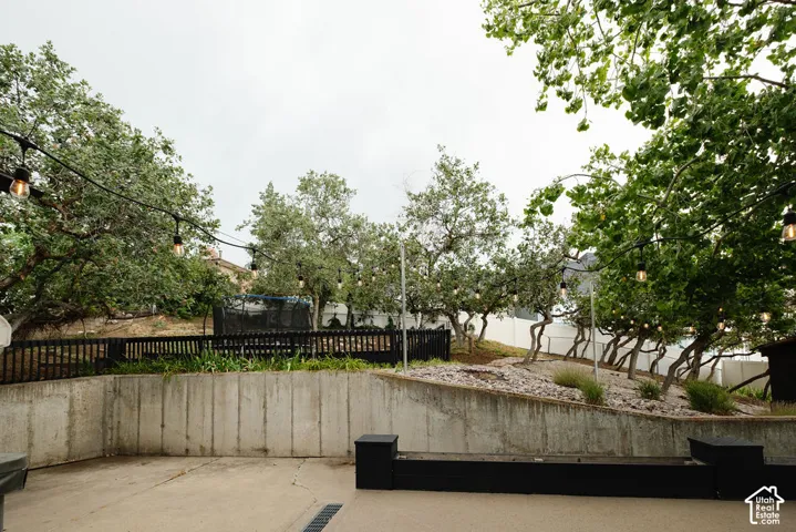Concrete patio with integrated linear drain, concrete retaining wall, and a raised planting bed
