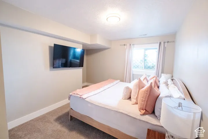 Carpeted flooring, recessed window, and flush-mount ceiling light
