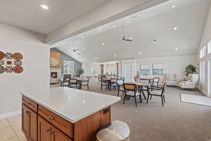 Open-concept entertaining space featuring a vaulted ceiling with recessed lighting and ceiling fans, a fireplace with a stone surround, and wood-finish cabinetry with a light-toned countertop
