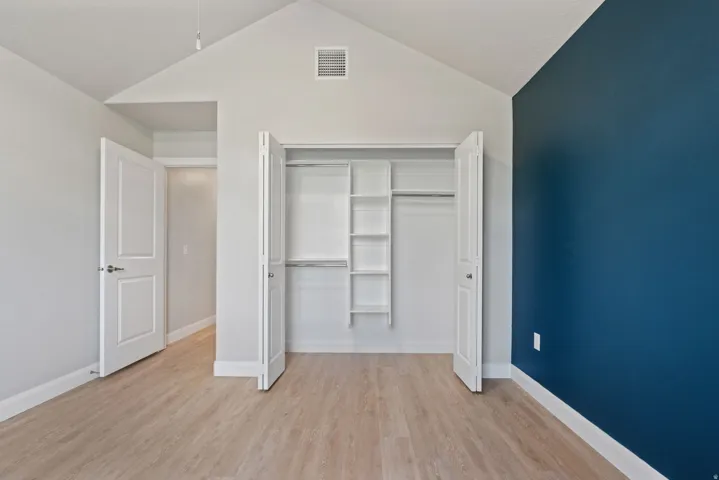 Vaulted ceiling, wood-finish flooring, accent wall, built-in closet shelving, and a two-panel interior door