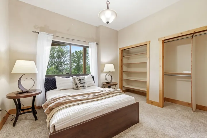 Window with exterior greenery, built-in shelving, and carpeting