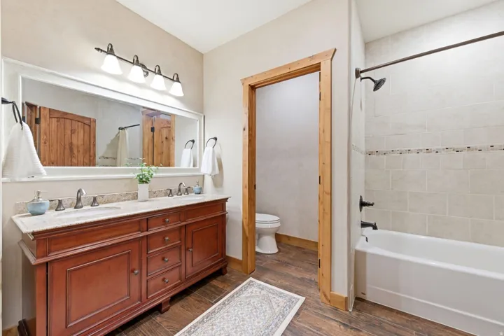 Dual sink vanity with a light-toned countertop