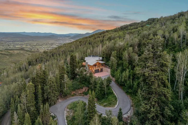 Mountain property featuring extensive mature tree cover, a winding paved driveway, and an attached three-car garage