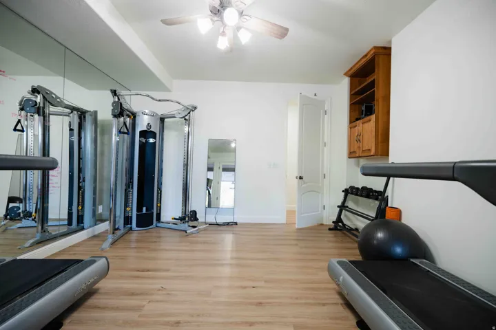 Wood-finish flooring with full wall-length mirrors, a ceiling fan with integrated lighting, a built-in wood-finish cabinet, and a five-panel interior door