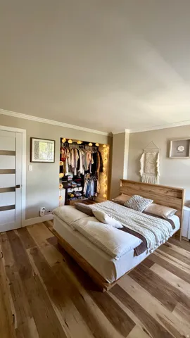 Wood-finish flooring, crown molding, built-in closet with integrated lighting, and a contemporary door with frosted panels