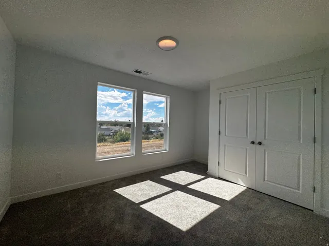 Dual windows, neutral wall finishes, flush mount ceiling light, carpet flooring, and bi-fold closet doors