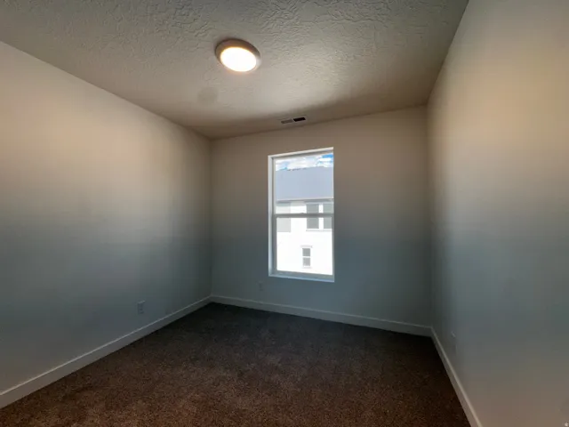 Recessed window with white trim, brown carpet flooring, and flush mount ceiling light