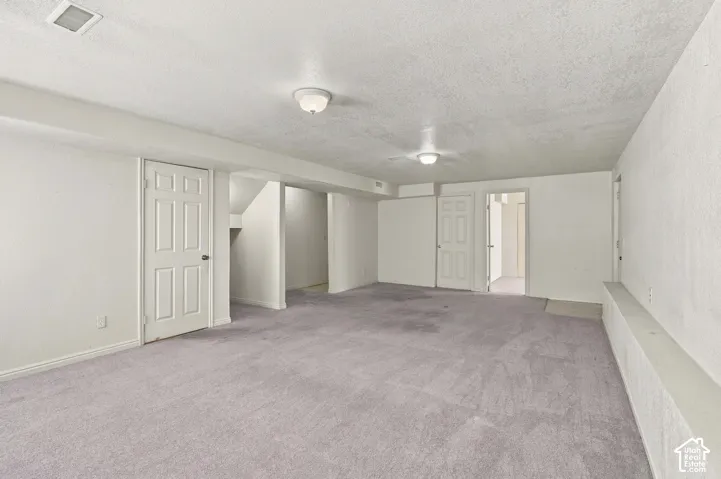 Spacious room with light gray carpeting, neutral wall finishes, and multiple paneled doors