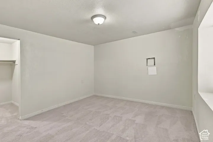 Recessed lighting fixture, light-toned wall paint, neutral carpeting, and a built-in closet with hanging rod
