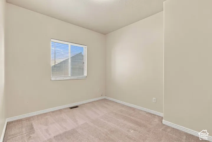 Neutral wall color, window with blinds, and carpeted flooring