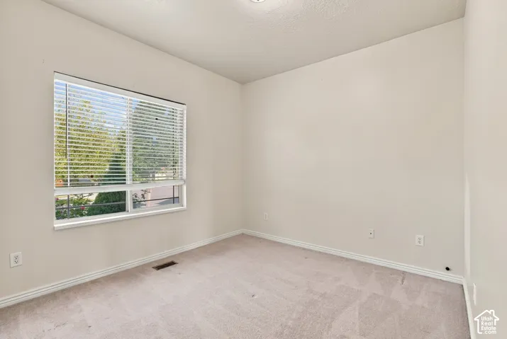 Light-colored wall finishes, window with blinds, and neutral carpet