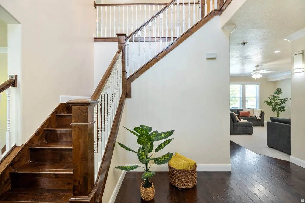 Hardwood flooring throughout the entry, staircase with wood-finish treads and white balusters, and a wall sconce