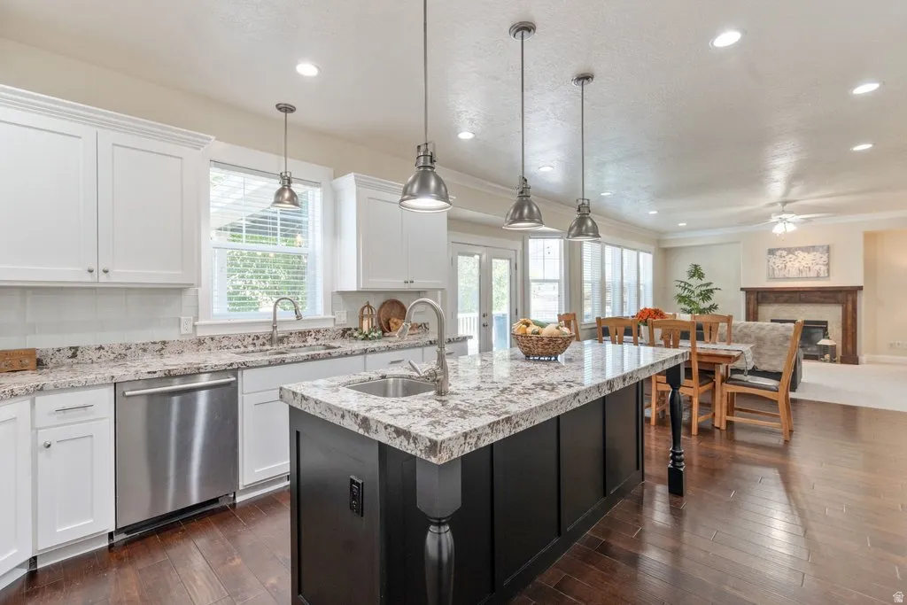 Kitchen featuring wood-finish flooring, white cabinetry, a black kitchen island with a sink, stainless steel appliances, and pendant lighting