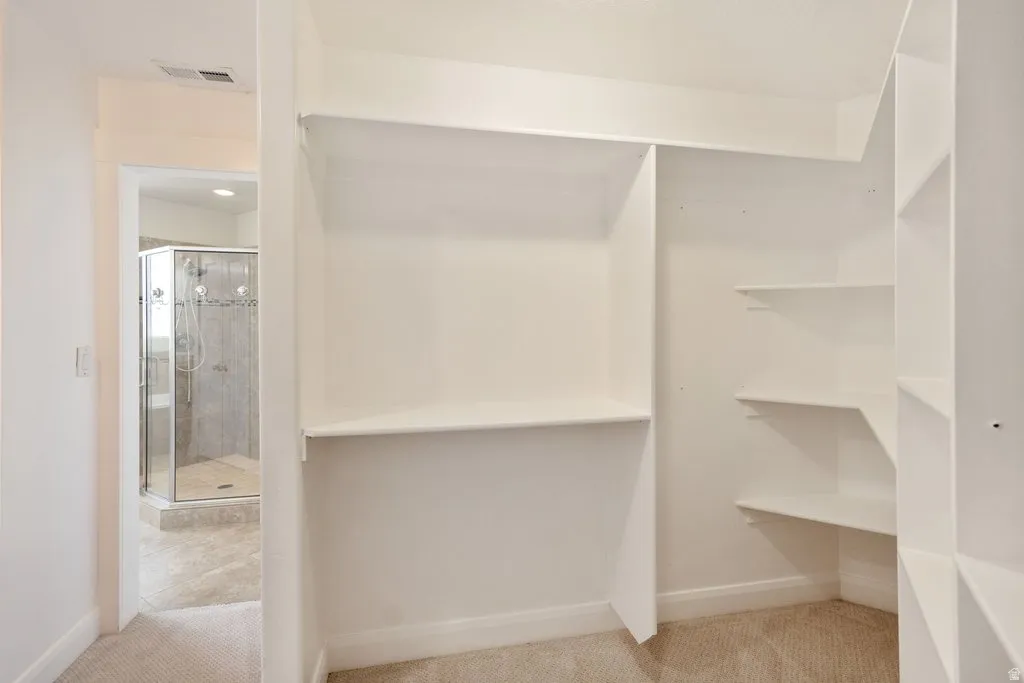 Walk-in closet with built-in shelving, carpet flooring, and a clear glass shower enclosure with tiled walls