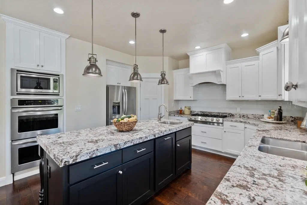 Kitchen featuring a large island with sink, stainless steel appliances, white cabinetry, dark wood-finish flooring, and pendant lighting