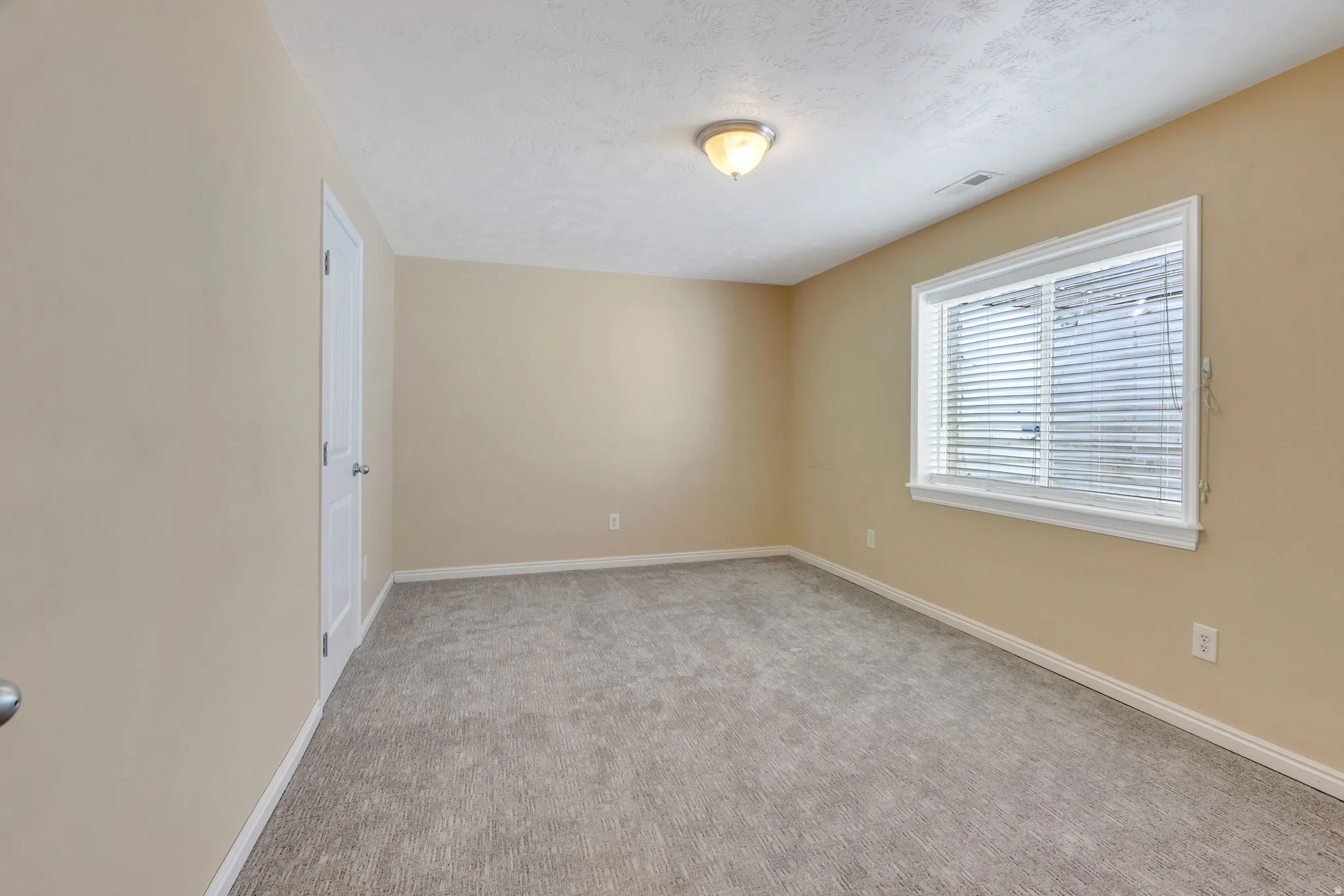 Neutral tone wall paint, gray carpet flooring, white trim details, white paneled door, and a flush mount ceiling light fixture