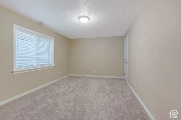 Neutral-toned walls, plush carpet, and a window with blinds