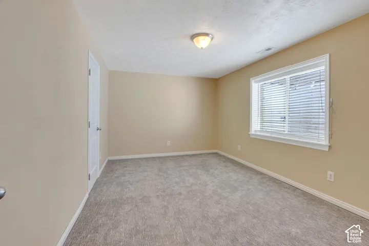 Neutral tone wall paint, gray carpet flooring, white trim details, white paneled door, and a flush mount ceiling light fixture