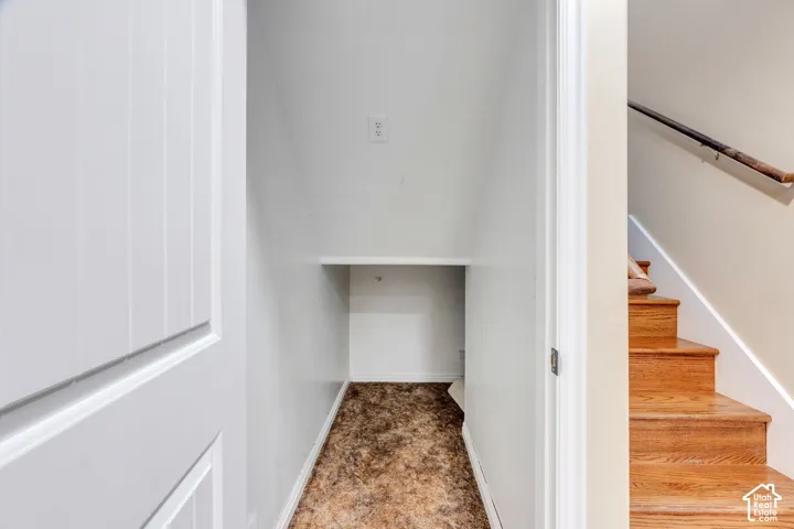 Under-stair storage area with a built-in shelf and wood-finish stairs