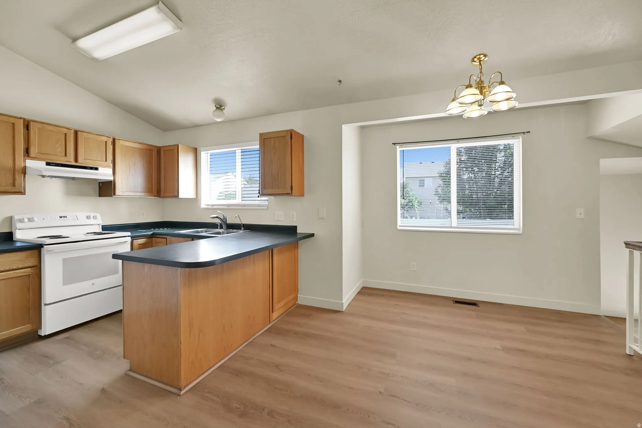 Kitchen with wood-finish flooring, vaulted ceiling, and ample cabinetry