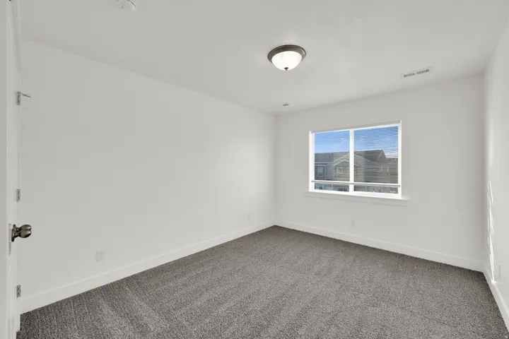 Bright room featuring a single window, overhead flush-mount light fixture, and gray carpeting