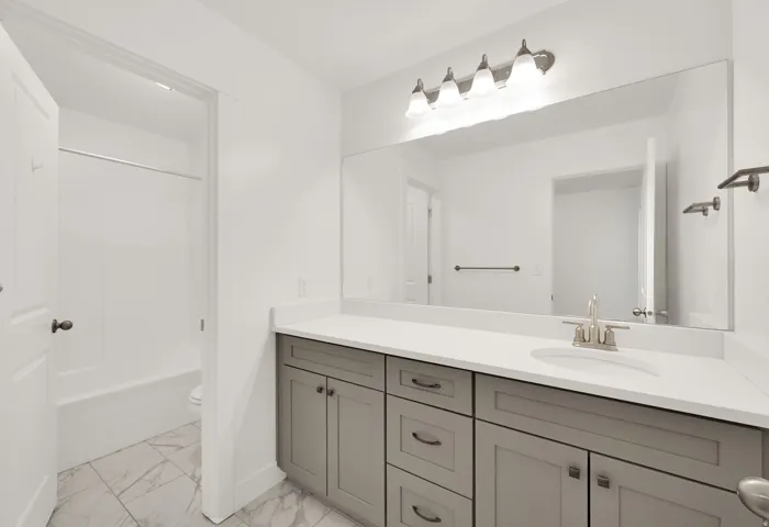 Single vanity with a white countertop and undermount sink, gray cabinetry, brushed nickel fixtures, and a four-light fixture