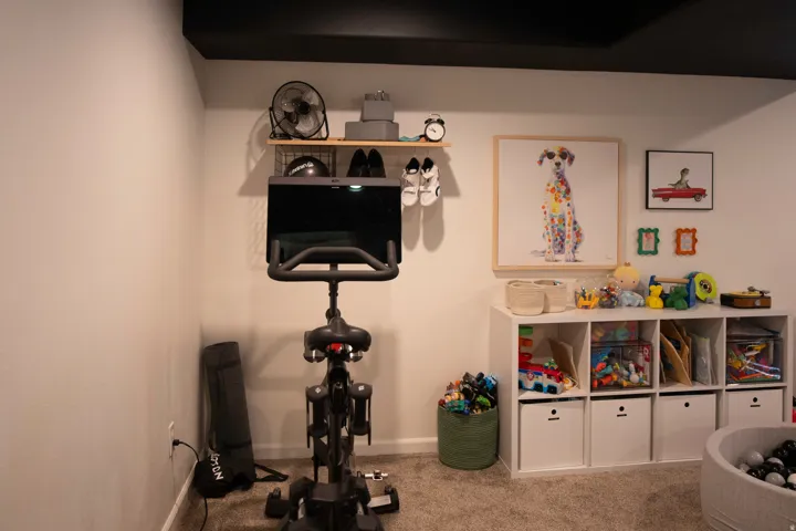 White walls with a contrasting dark ceiling, light-toned carpet, and a white storage cubby system