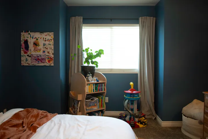 Carpeted flooring, deep-toned walls, and a window with blinds