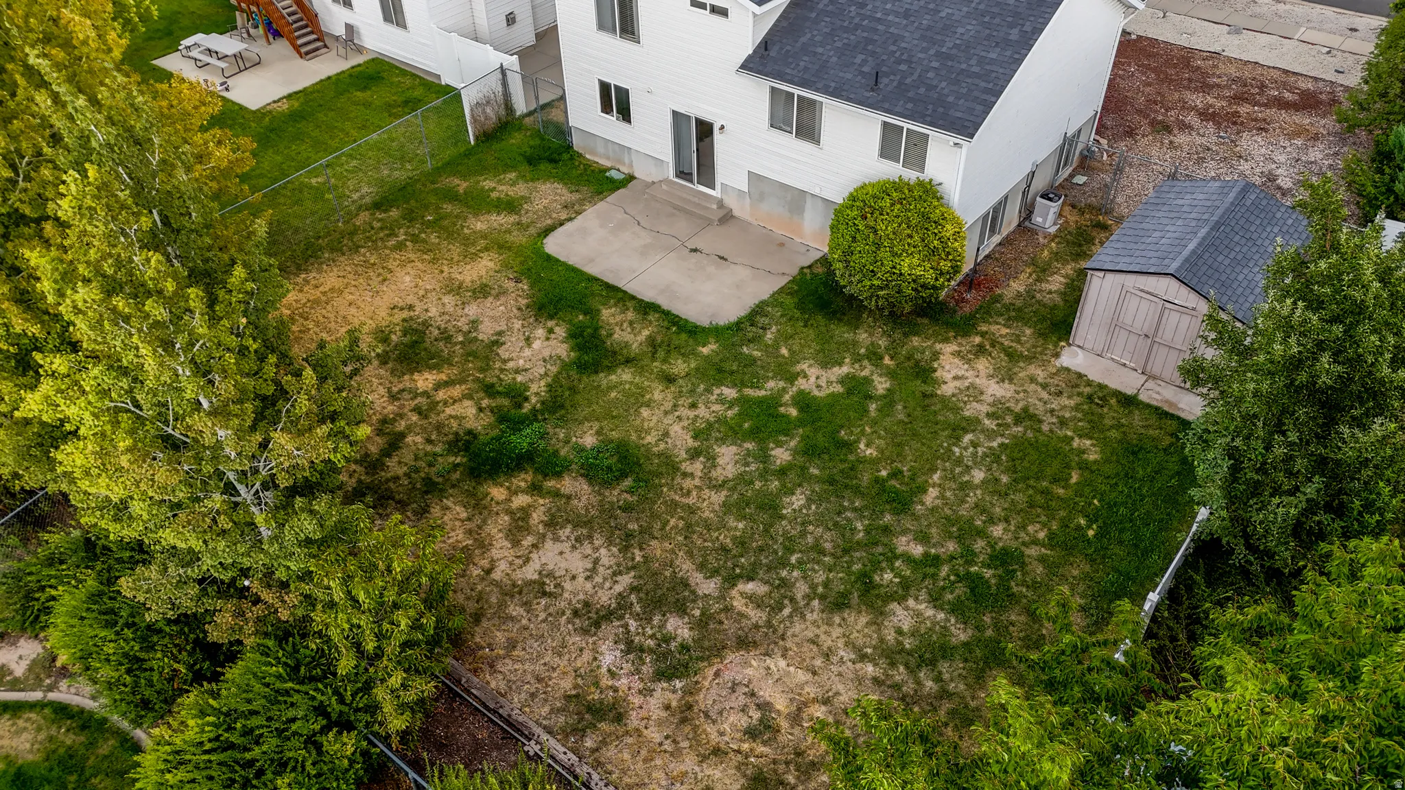 Expansive backyard with a concrete patio, mature perimeter trees, and a detached storage shed