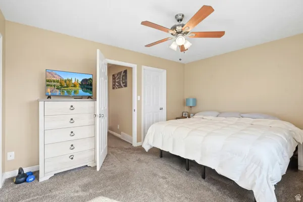 Wall-to-wall carpeting and a ceiling fan with integrated lighting