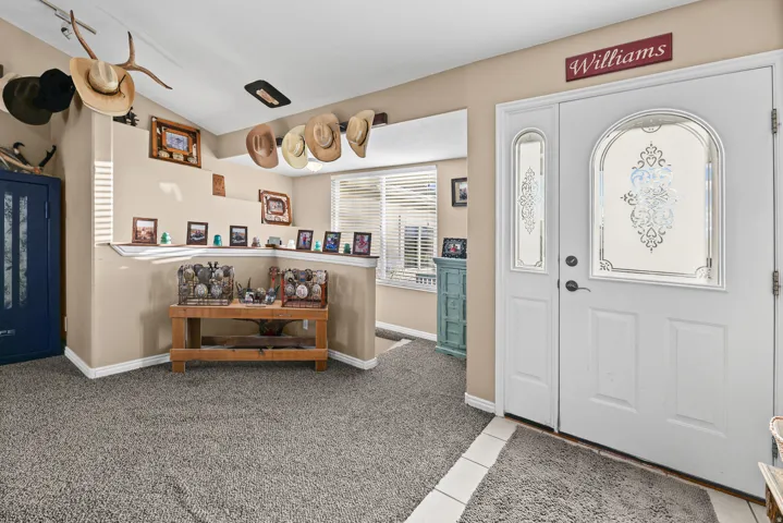 Entryway featuring a white paneled door with decorative arched glass inserts, a coordinating sidelight, and neutral carpeting