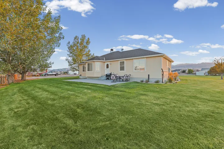 Expansive rear yard with a concrete patio, mature trees, and a mountain backdrop