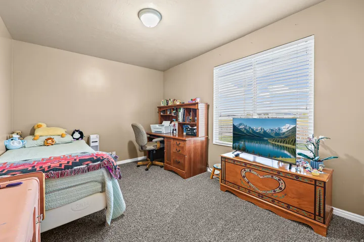 Carpeted room with a ceiling-mounted light fixture, neutral wall paint, and a large window with blinds
