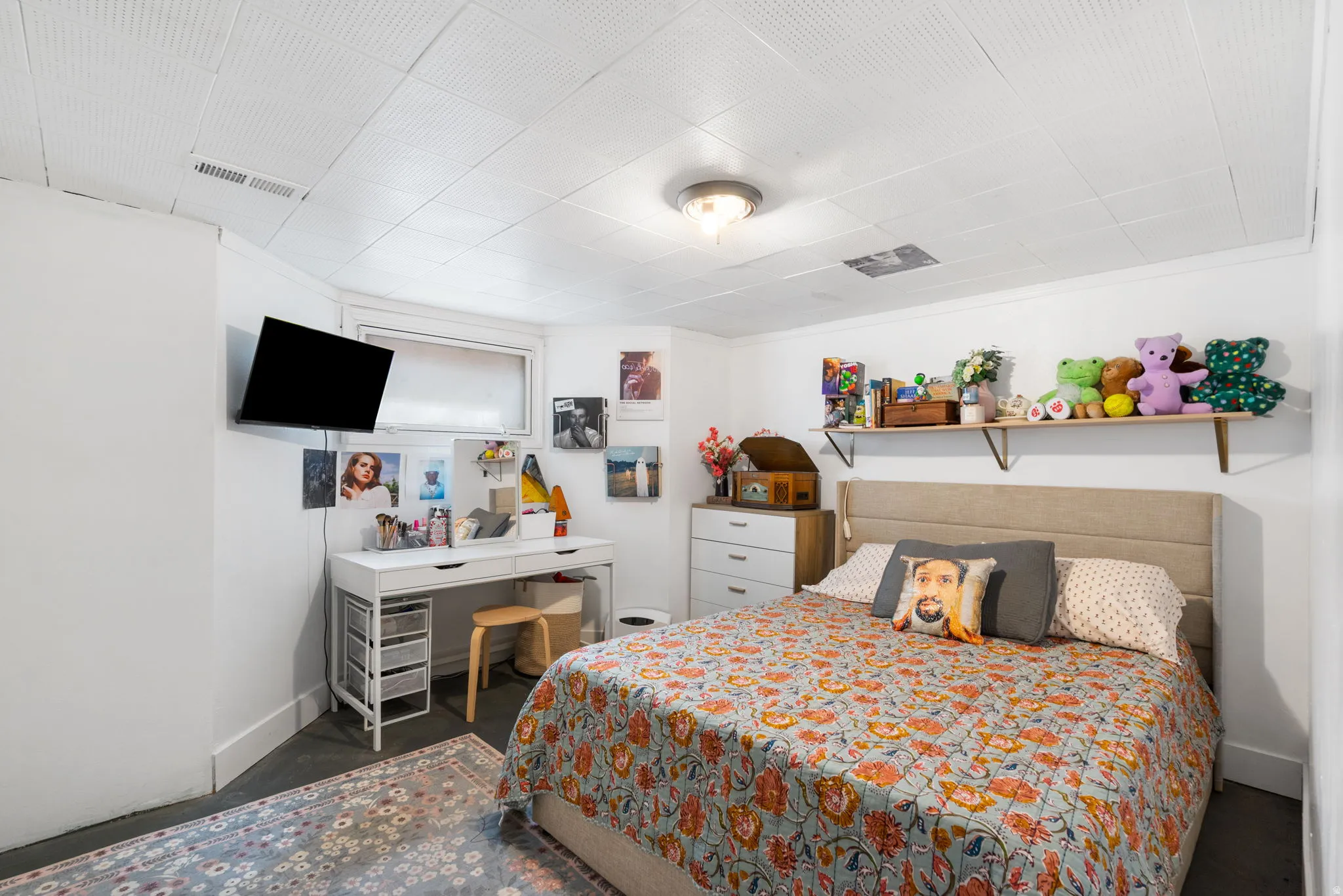 Ceiling-mounted light fixture, built-in shelving, white walls, drop ceiling, and a mounted wall display