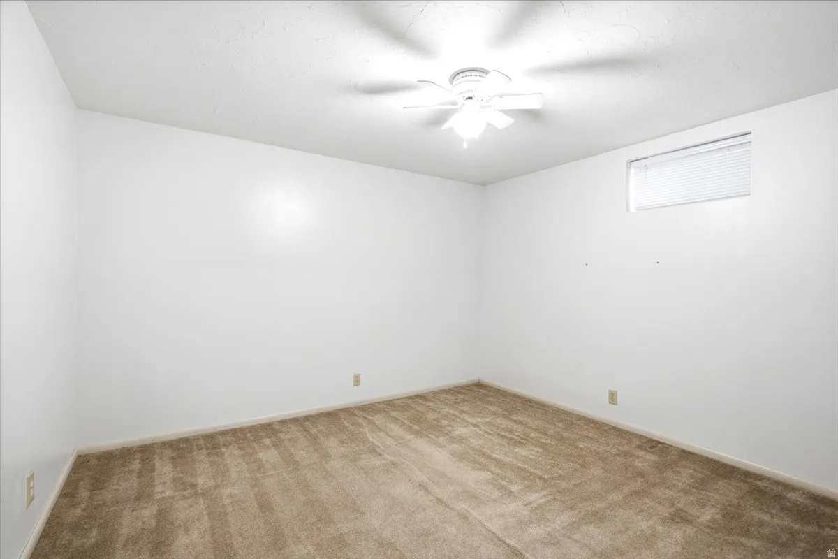 Neutral white walls, plush carpet, ceiling fan, and a transom window