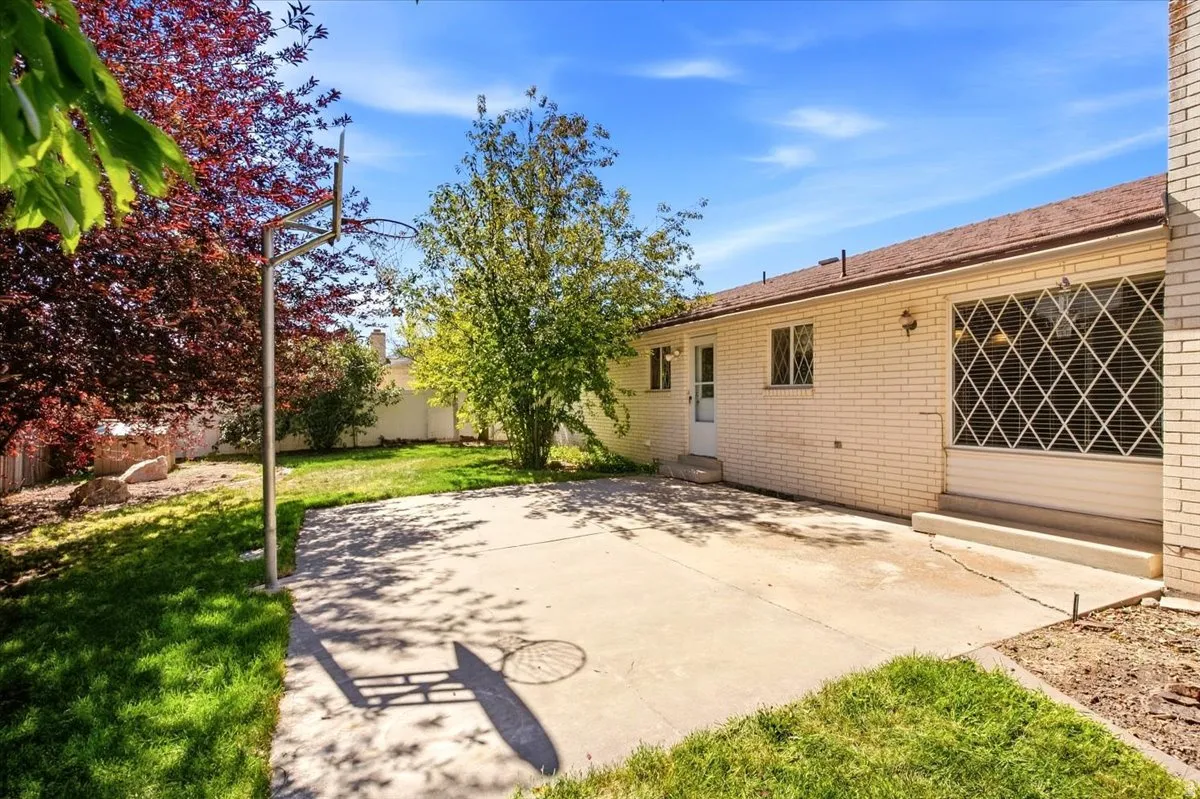 Expansive concrete patio with perimeter landscaping and mature trees