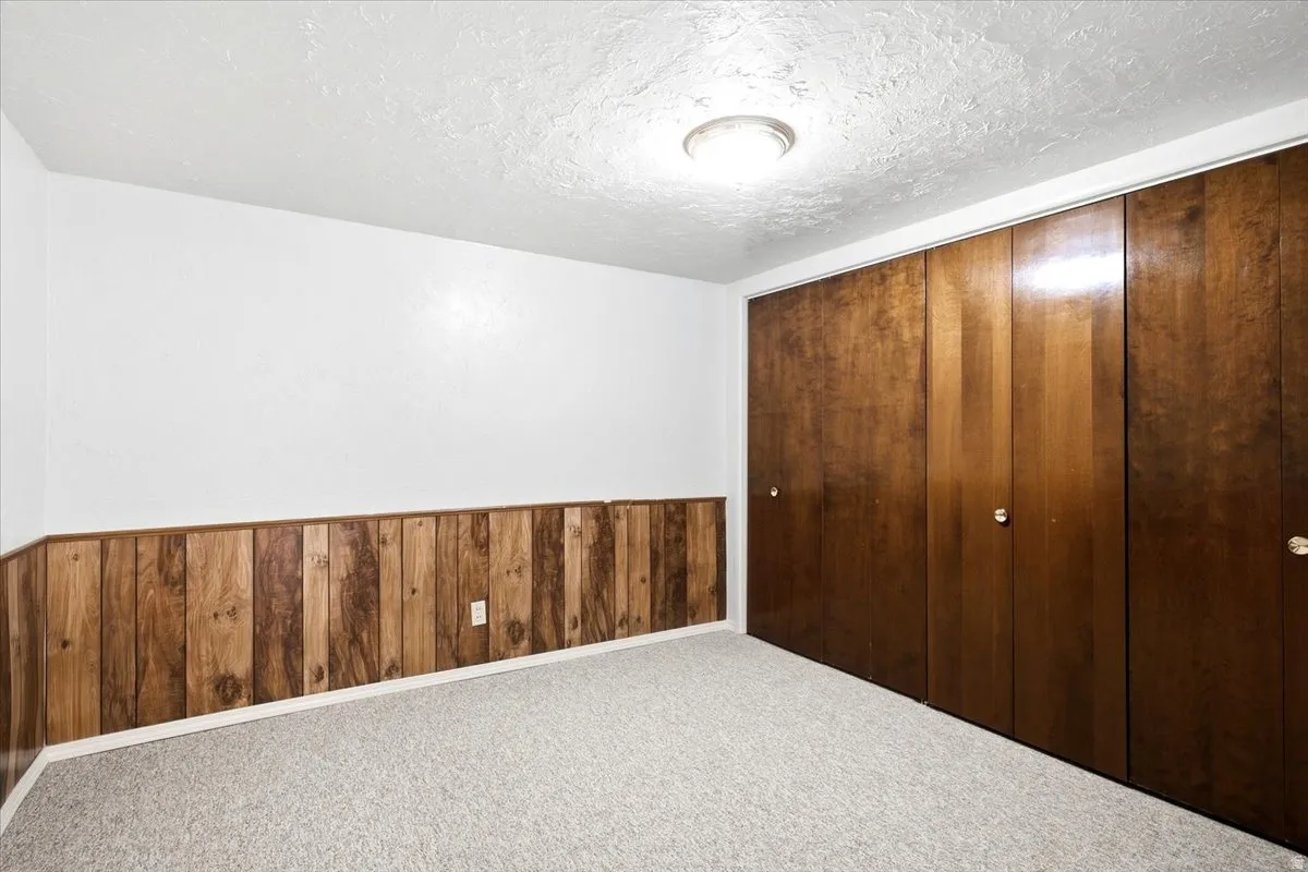 Wall-to-wall carpeting with wood-finish paneling, white painted walls, and built-in wood-finish closet doors