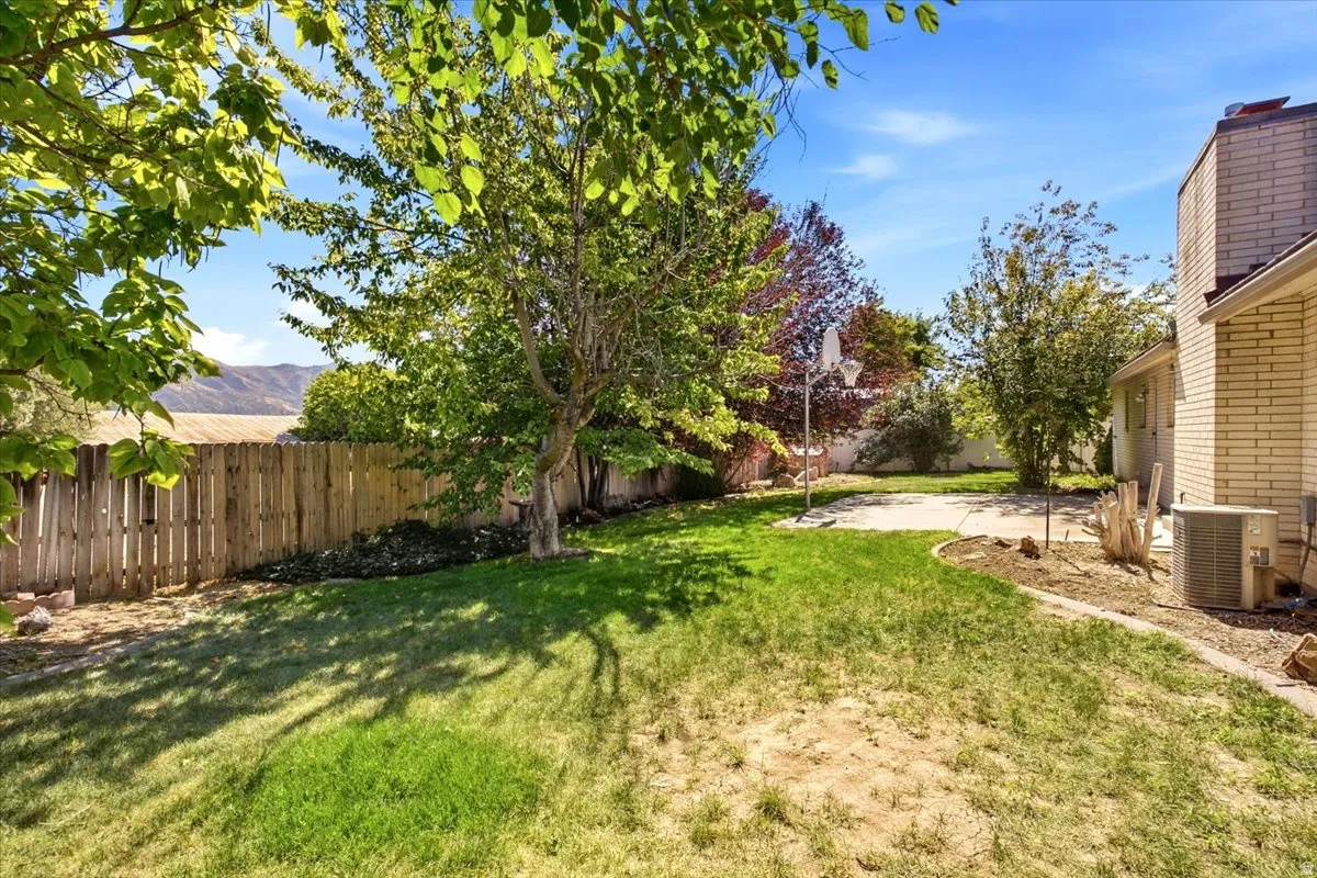 Expansive backyard featuring a green lawn, wood fence, mature trees, and a concrete patio