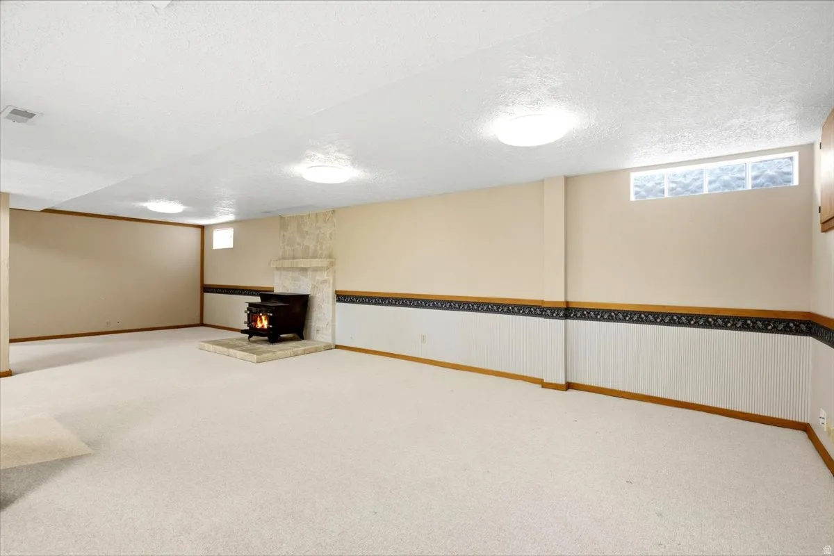 Expansive carpeted room featuring a stone fireplace surround with a wood-burning stove, beadboard wainscoting, and glass block windows